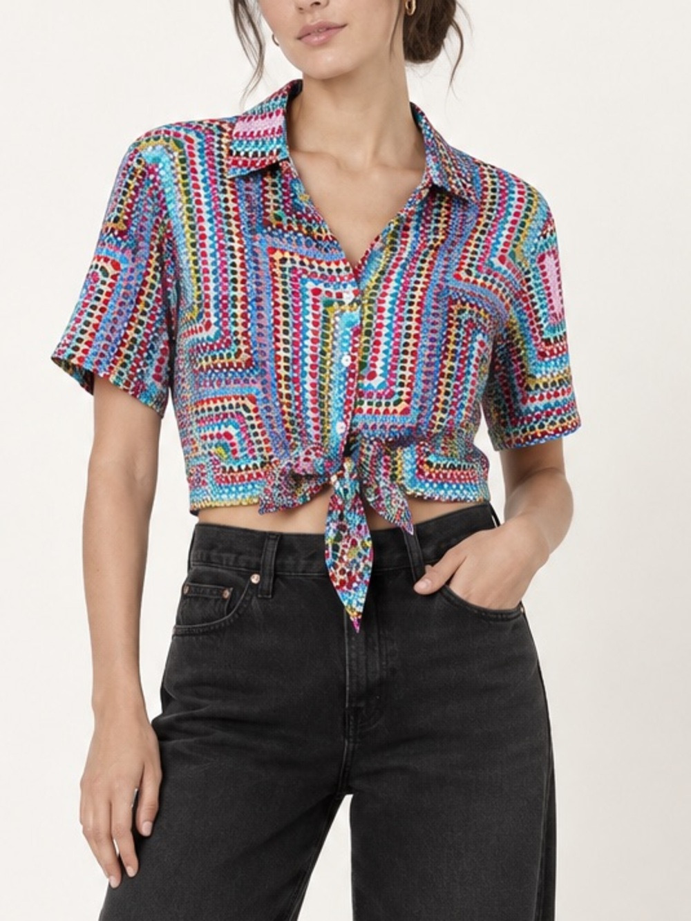 AllSaints Leni Luisa Shirt – Multicolor Geometric Print collared tie front US 0